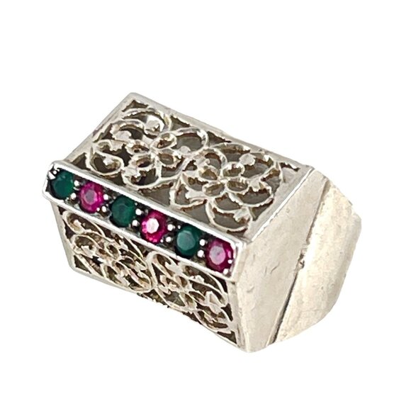 Turkish Vintage Filigree Ring With Ruby and Emerald Stones Size 4.5 - Picture 2 of 6